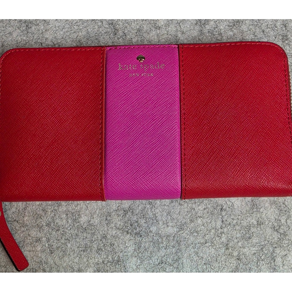 Kate Spade New York Red Pink Colorblock Saffiano Leather Zip Around Wallet